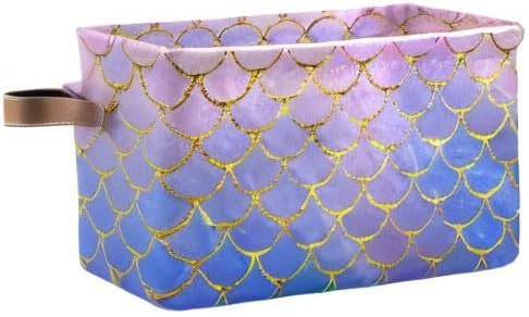 Rectangular Storage Bin Colorful Mermaid Fish Scales Basket with Handles - Toy Bins Laundry Storage Basket for Kids Toy Pets Room Closet