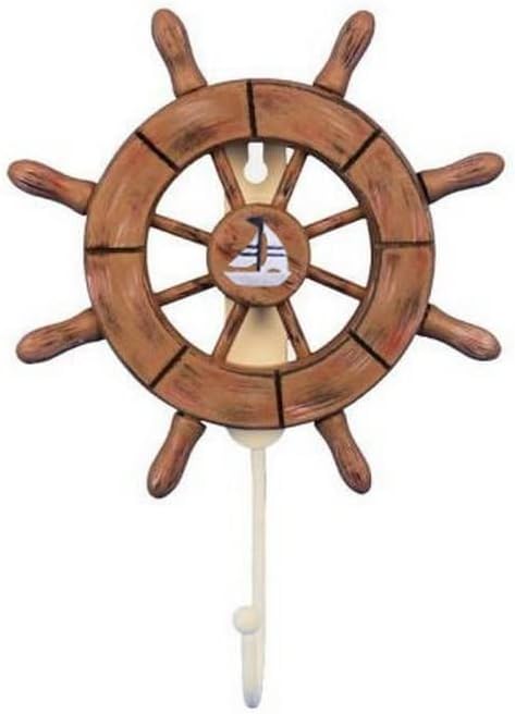 Hampton Nautical Rustic Wood Finish Decorative Ship Wheel with Sailboat and Hook 8" - Ship Whee