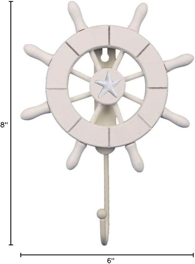 Handcrafted Nautical Decor White Decorative Ship Wheel with Starfish with Hook 6" - Wooden Ships Wheel - B