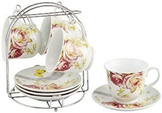 Lorenzo Import Floral Coffee Cups On Metal Stand (Set of 4), Pink