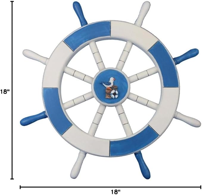 Hampton Nautical Light Blue & White Decorative Ship Wheel with Seagull & Lifering 18"