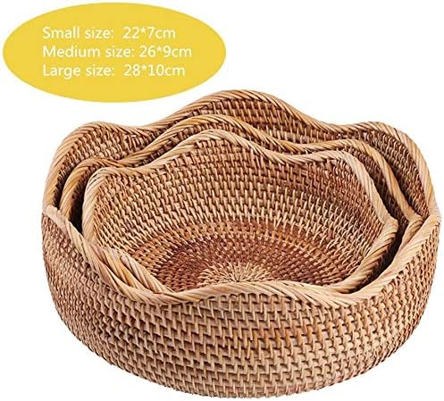 Handmade Rattan Round Fruit Basket Food Storage Bowls Kitchen Organizer Snack Serving Bowl Wavy Edge Circle Tray Basket, Boho Home Décor Display Tray for Coffee Table, Dining Room (Small 8.7")