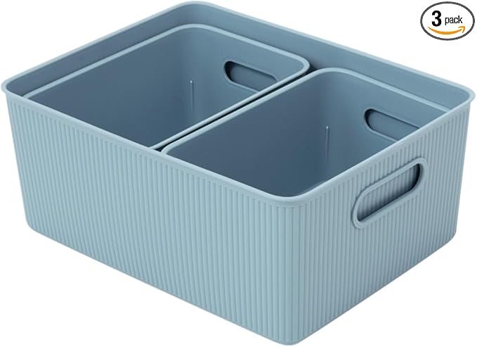Superio Decorative Plastic Basket Open Home Storage Bins Organizer, Blue (Set of 3) 1 Large, 2 Medium - Container Boxes for Organizing Closet Storage Bins for Shelves Drawer Shelf - Ribbed Collection