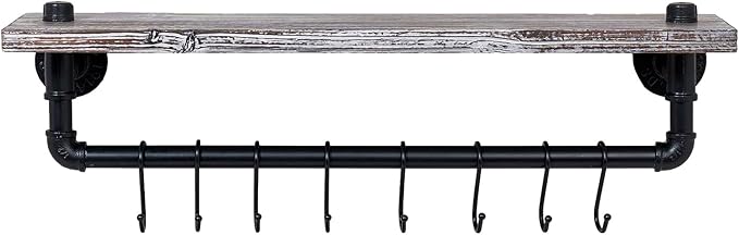 MyGift Wall Mounted Kitchen Pot Rack, Rustic Torched Wood Floating Display Shelf and Industrial Matte Black Metal Pipe Towel Bar and Hanging Cooking Pots and Pans Organizer with 8 S-Hooks