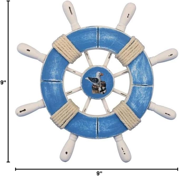 Hampton Nautical Wheel-9-109-seagull Rustic Decorative Ship Wheel with Seagull, 9", Light Blue and White