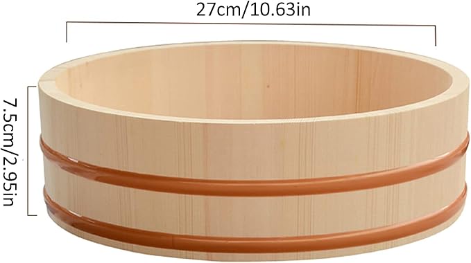 Wooden Hangiri Sushi Rice Mixing Bowl Tub Sushi Oke with Copper Bands Sushi DIY Home Sushi Tool for Restaurant Home Kitchen 39cm/15.3in (27cm/10.6in)