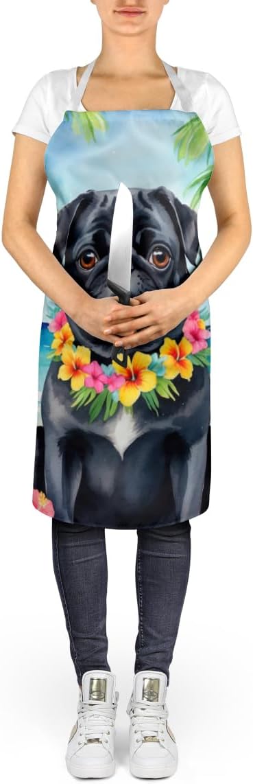 Caroline's Treasures Black Pug Luau Apron Cooking Kitchen Server Baking Crafts Gardening for Adult Women Men, Unisex, Large, Multicolor