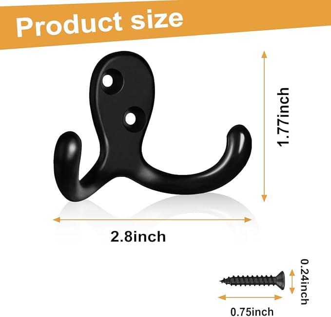 CBWLWJ 15 Pack Coat Hooks Wall Hooks for Hanging, Heavy Duty Double Prong Metal Hook Wall Mounted for Living Room, Bathroom, Kitchen, Bedroom for Coat, Bag, Scarf, Towel, Hat, Key, Cup (Black)