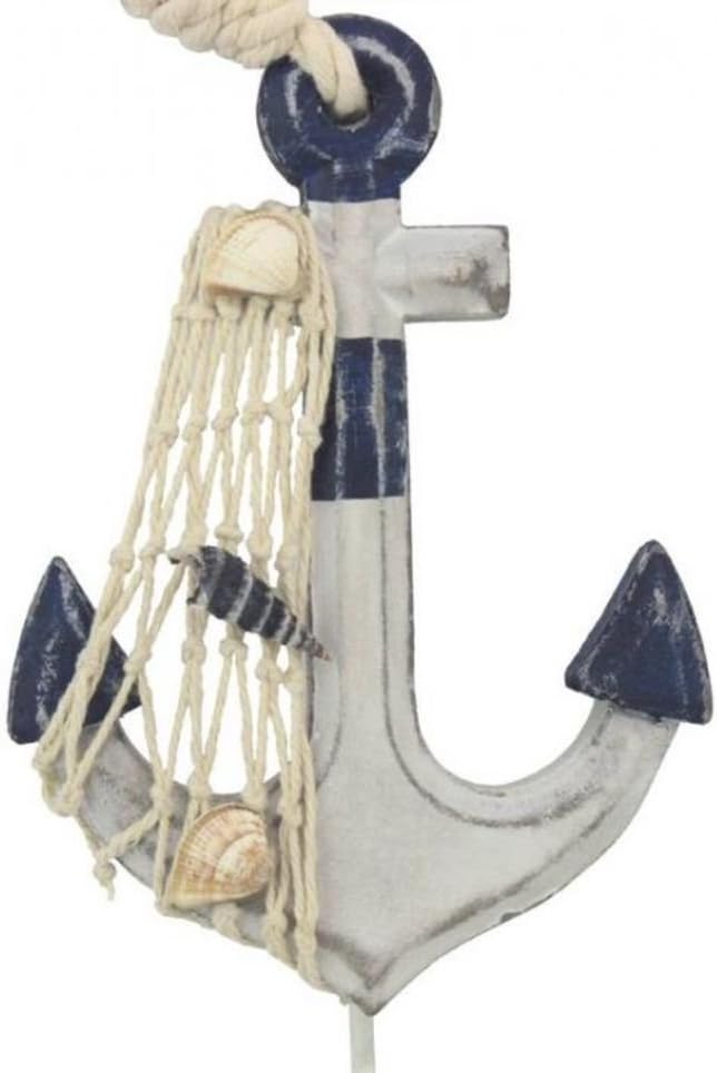 Handcrafted Model Ships Wooden Rustic Decorative Blue and White Anchor with Hook 7" - Nautical Decorati