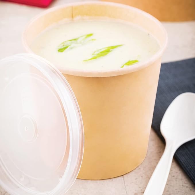 Restaurantware LIDS ONLY: Bio Tek 4.5 x 5.3 Inch Soup Containers 25 Durable Soup Bowls - Disposable Sustainable Brown Paper 32-Ounce Soup Cups Round For Take Outs And Delivery Or Picnics