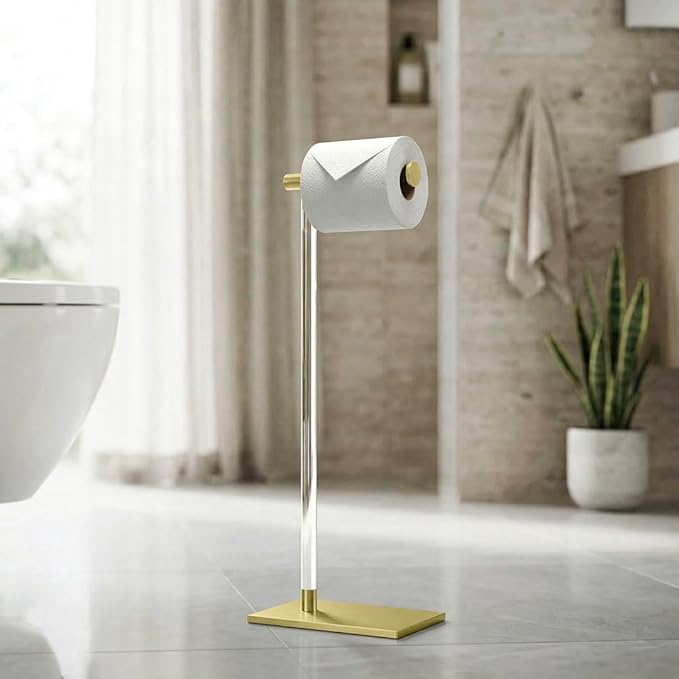 Gatco 1331B Toilet Paper Holder Stand, Brushed Brass with Acrylic Post, Rectangle Weighted Base, Freestanding Bathroom Floor Stand, 22.25 Inch