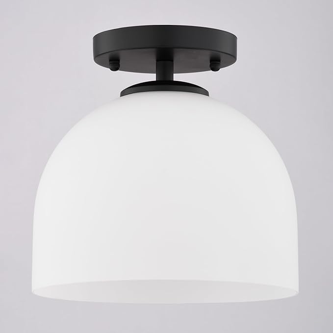 VAXCEL Shelby 1-Light 9.25 in. Wide Matte Black Transitional Dome Semi Flush Mount Lighting Fixture, Frosted White Opal Glass Shade, LED Compatible, for Low Ceilings, Bedroom, Hallway, Kitchen