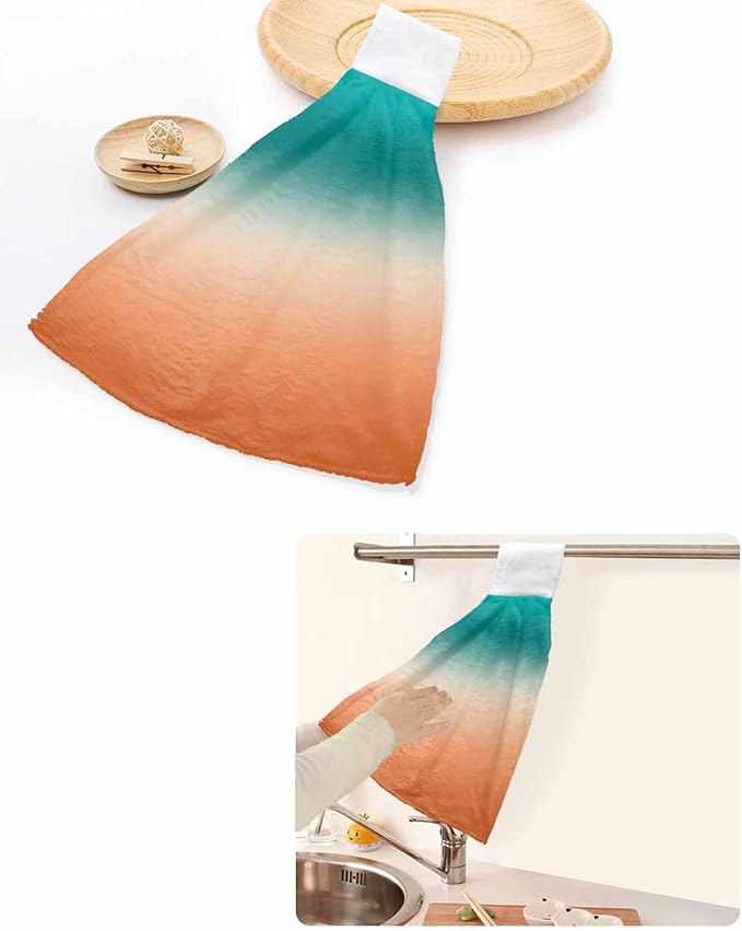 Alandar Home Kitchen Tie Towel Set of 1, Turquoise Orange Gradient Absorbent Soft Hand Towels for Bathroom Hanging Towels, Watercolor Stripes Ombre Fast Drying Cleaning Cloth with Loop