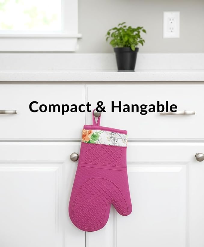 Pair of 2 Heat-Resistant Silicone Oven Mitts – Extra Long, Non-Slip Grip, Soft Cotton Lining, Perfect for Baking, Cooking & BBQ – 13” x 7” Kitchen Gloves (Pink Rose)