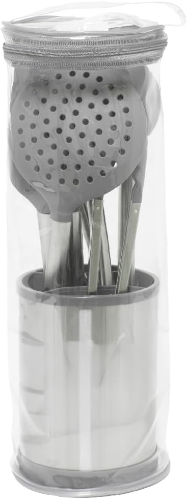 Glad Kitchen Utensils Set, 8pcs - Nonstick Cooking Tools with Stainless Steel Handles & Rotating Utensil Holder - Turners, Ladle, Spoon, Tongs, Spaghetti Server, and Skimmer - Dishwasher Safe, Grey