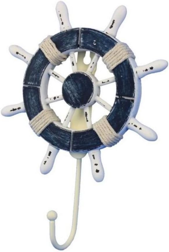 Hampton Nautical Wheel-6-108 Rustic Decorative Ship Wheel with Hook, 6", Dark Blue/White