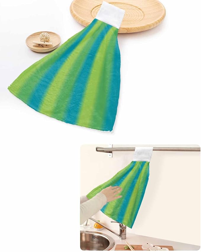 Alandar Home Kitchen Tie Towel Set of 1, Green Blue Vertical Stripes Absorbent Soft Hand Towels for Bathroom Hanging Towels, Gradient Stripes Seamless Fast Drying Cleaning Cloth with Loop