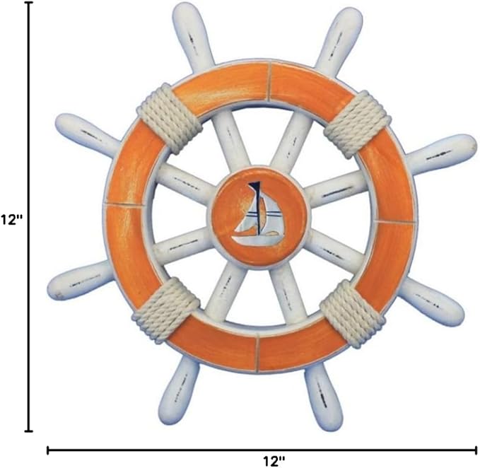 Hampton Nautical Decorative Ship Wheel with Sailboat, 12", Rustic Orange/White