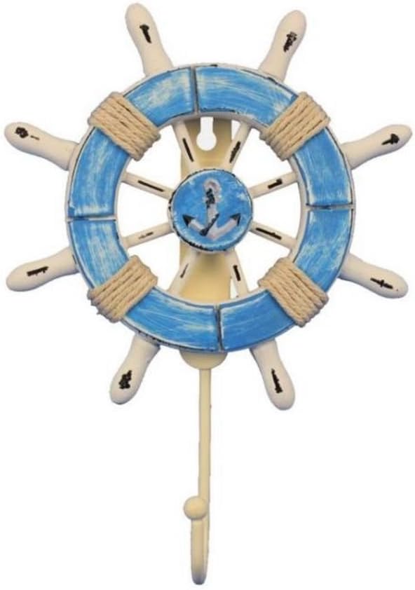Hampton Nautical Wheel-6-109-anchor Rustic Decorative Ship Wheel with Anchor and Hook, 6", Light Blue and White