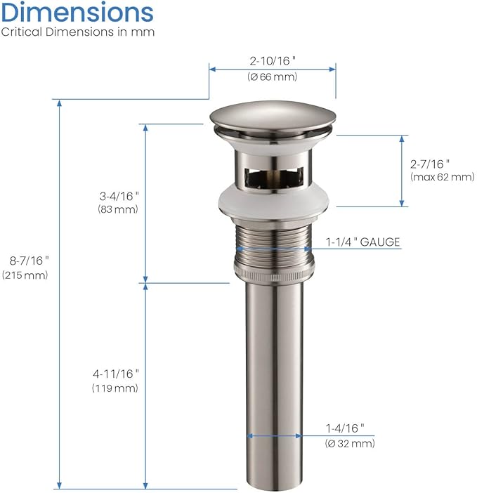 KIBI Bathroom Sink Pop-Up Drain with Overflow (Full Cover) in Brushed Nickel | Lavatory Vanity Drain Stopper | Durable Leak-Proof Sink Drain for Bathroom, Kitchen, and Lavatories (KPW102)