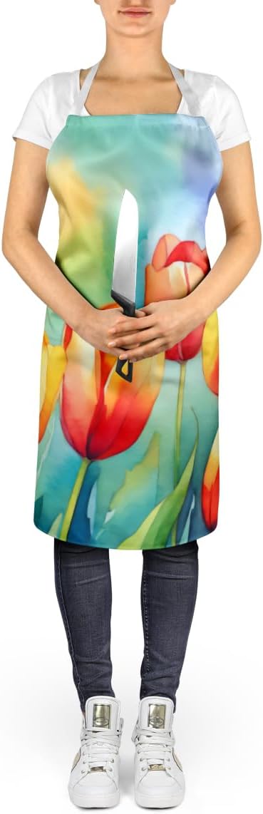 Caroline's Treasures Tulips in Watercolor Apron Cooking Kitchen Server Baking Crafts Gardening for Adult Women Men, Unisex, Large, Multicolor