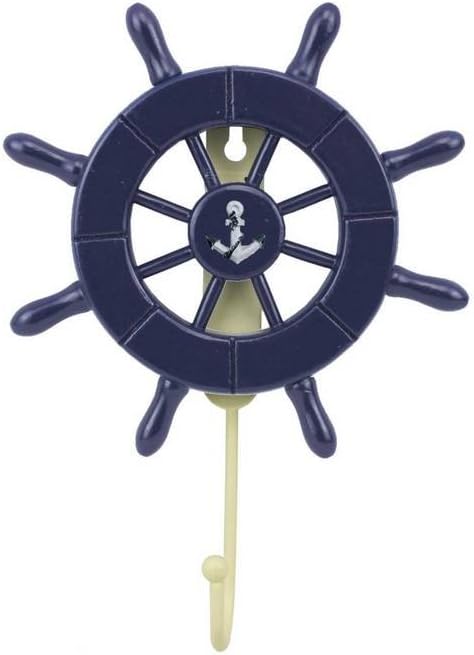 Handcrafted Nautical Decor Dark Blue Decorative Ship Wheel with Anchor with Hook 6" - Wooden Ships Wheel -