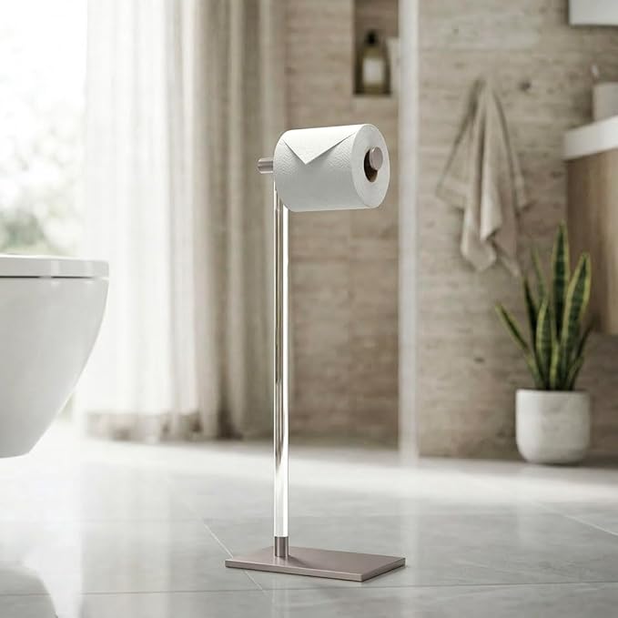 Gatco 1331SN Toilet Paper Holder Stand, Satin Nickel, Acrylic Post, Weighted Base, Freestanding Bathroom Floor Stand, 22.25 Inch