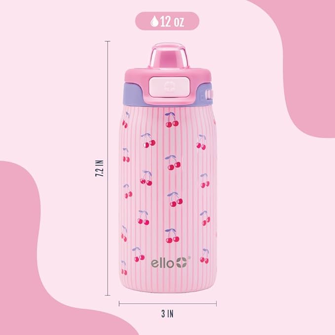Ello Kids Pop & Fill 12oz Toddler Water Bottle with Quick Fill Lid, Double-Wall Vacuum Insulated Stainless Steel, Leak Proof, BPA Free, Sip & Chug, For School, Lunchboxes, Preppy Cherries