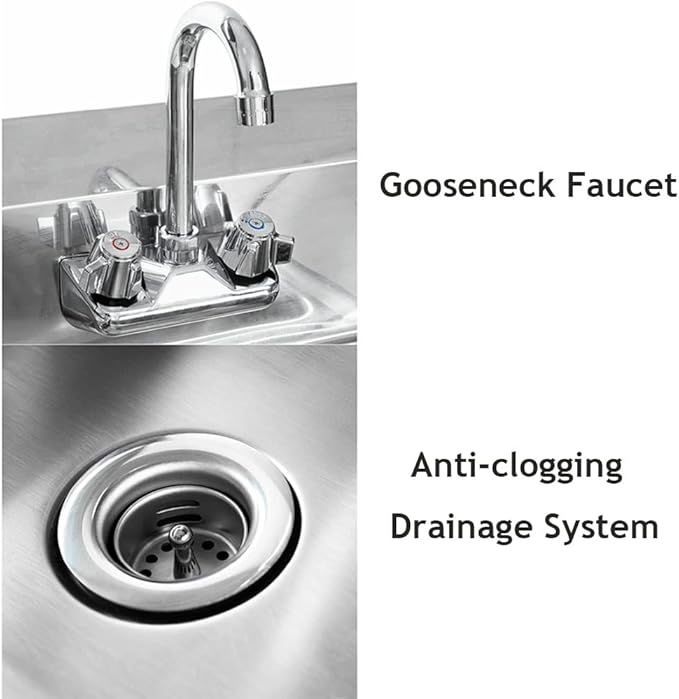 304 Stainless Steel Sink for Washing - Commercial Wall Mount Hand Basin for Restaurant, Kitchen and Home - Double Switch Faucet,Silver-43x39x14cm
