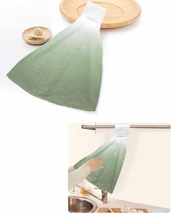 Alandar Home Kitchen Tie Towel Set of 1, Sage Green White Color Gradient Absorbent Soft Hand Towels for Bathroom Hanging Towels, Minimalist Ombre Art Fast Drying Cleaning Cloth with Loop