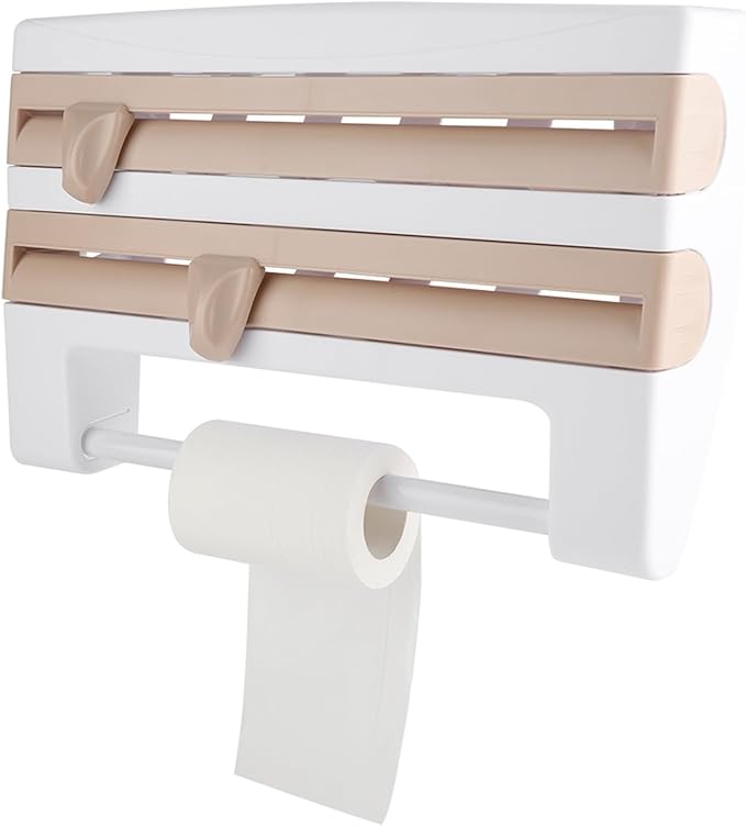 Kitchen Tool Cling Film Cut Wall Mount Storage Rack, Elegant and Convenient Paper Towel Holder for Modern Kitchen, Suitable for Foil Film Storage (Khaki)
