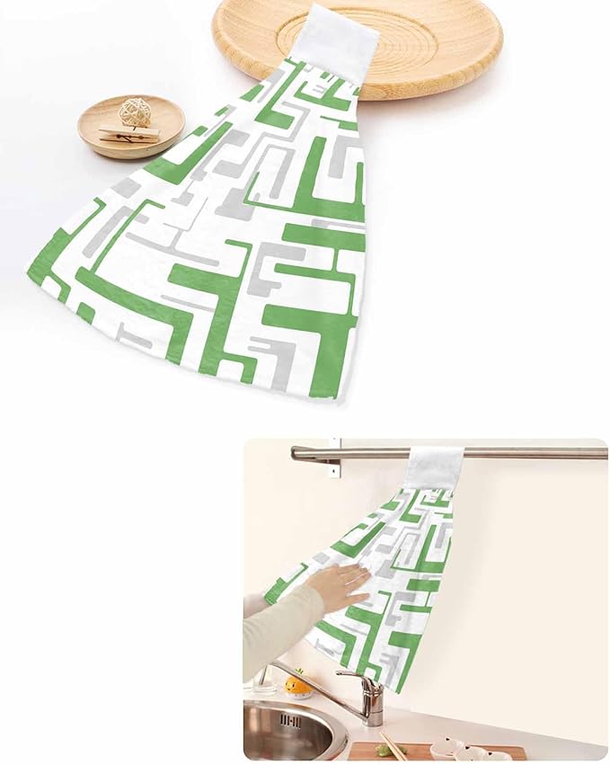 Alandar Home Kitchen Tie Towel Set of 2, Green Gray Stripes on White Absorbent Soft Hand Towels for Bathroom Hanging Towels, Modern Geometric Texture Fast Drying Cleaning Cloth with Loop