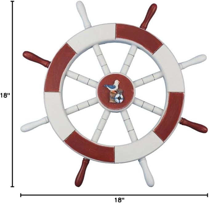 Hampton Nautical Red & White Decorative Ship Wheel with Seagull & Lifering 18"