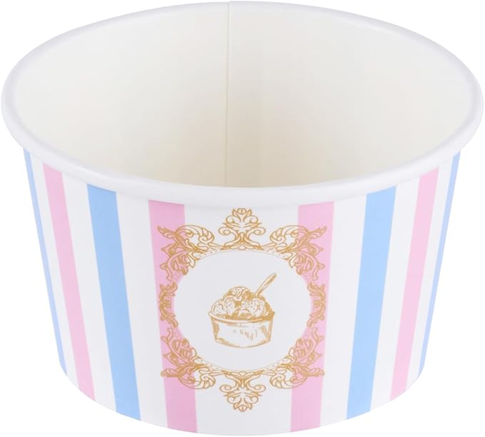 Coppetta 8 Ounce Dessert Cups, 50 Greaseproof Ice Cream Cups - Lids Sold Separately, For Hot And Cold Foods, Pink And Blue Stripe Paper Yogurt Bowls, Disposable, Sturdy - Restaurantware