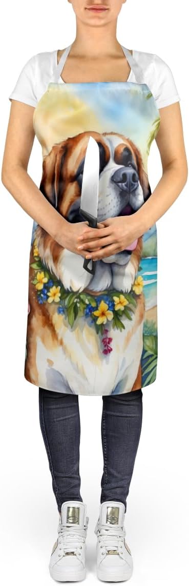 Caroline's Treasures Saint Bernard Luau Apron Cooking Kitchen Server Baking Crafts Gardening for Adult Women Men, Unisex, Large, Multicolor