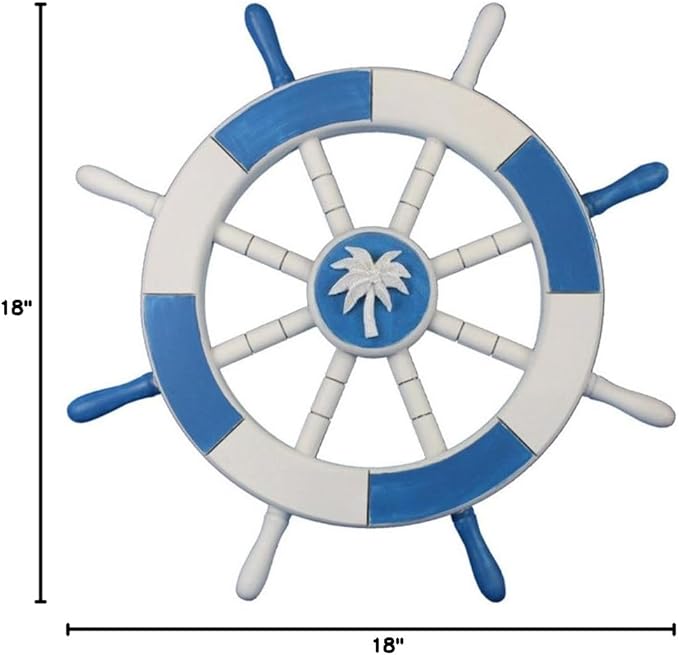 Hampton Nautical Light Blue & White Decorative Ship Wheel with Palm Tree 18"
