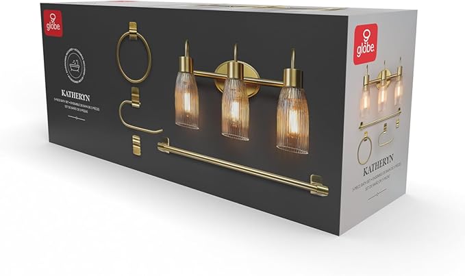 Globe Electric 63000208 5-Piece All-in-One Bathroom Accessory Set with 19" 3-Light Vanity Light, Matte Brass, Ribbed Glass Shades, Towel Bar, Robe Hook, Toilet Paper Holder, Towel Ring, Powder Room