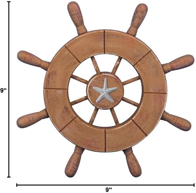 Hampton Nautical Wheel-9-107-starfish Rustic Wood Finish Decorative Ship Wheel with Starfish, 9"