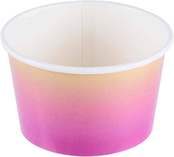 Restaurantware Paper Cups 200 Count 8 Ounce Square Disposable Ice Cream Containers, Leak-Resistant Paper Dessert To Go Cups, Hot And Cold Food, Durable Purple and Yellow Ombre Design