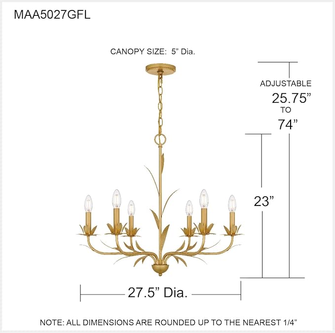 Quoizel Maria 6-Light Gold Leaf Chandelier with Nature-Inspired Leaf Details, Traditional Candle-Style Chandelier for Dining Room, Living Room, Kitchen, Bedroom, or Office
