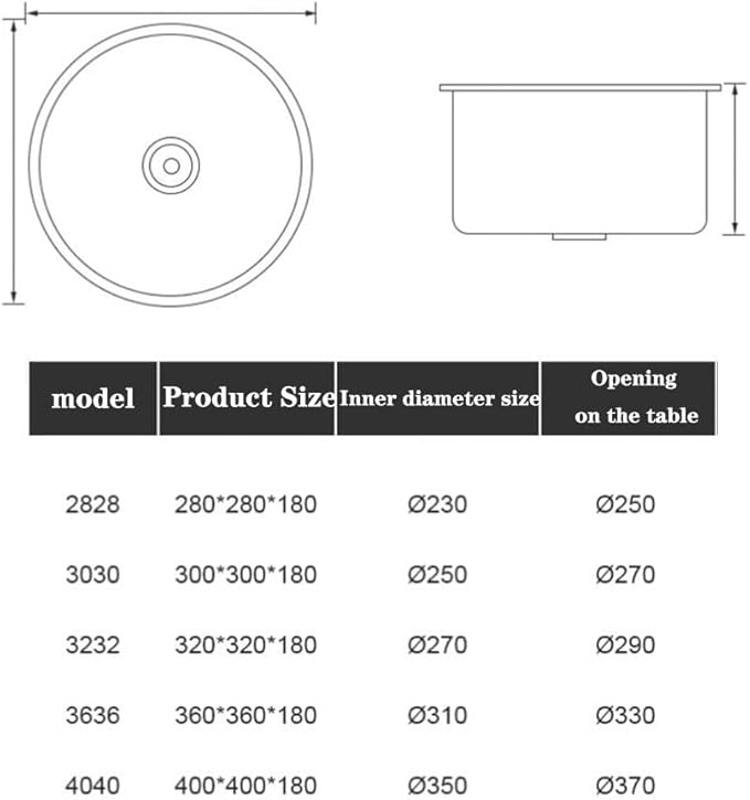 Single Bowl Silver Round Sink Mini Small Single Slot Bar Balcony Stainless Steel Sink Kitchen Under Counter Vegetable Washing Basin (Silver 36 * 36cm)
