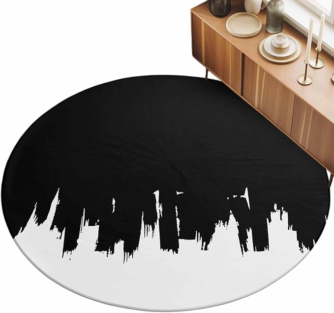 Washable Round Area Rug Abstract Black Graffiti Texture Circle Rugs Floor Carpet for Living Room Bedroom, Modern Minimalist Art Soft Non Slip Round Rug 5ft