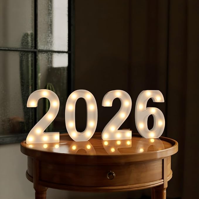 Marquee Numbers 2026 Light up Numbers 2026 Marquee Number for New Year Decorations Battery Powered LED Light White Plastic Number Sign for Happy New Year Graduation Engagement Wedding Birthday Decor