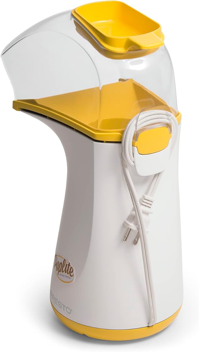Presto 04820 Poplite Hot Air Popcorn Popper - Built-In Measuring Cup + Melts Butter, Easy to Clean, Built-In Cord Wrap, 18 Cups, Yellow