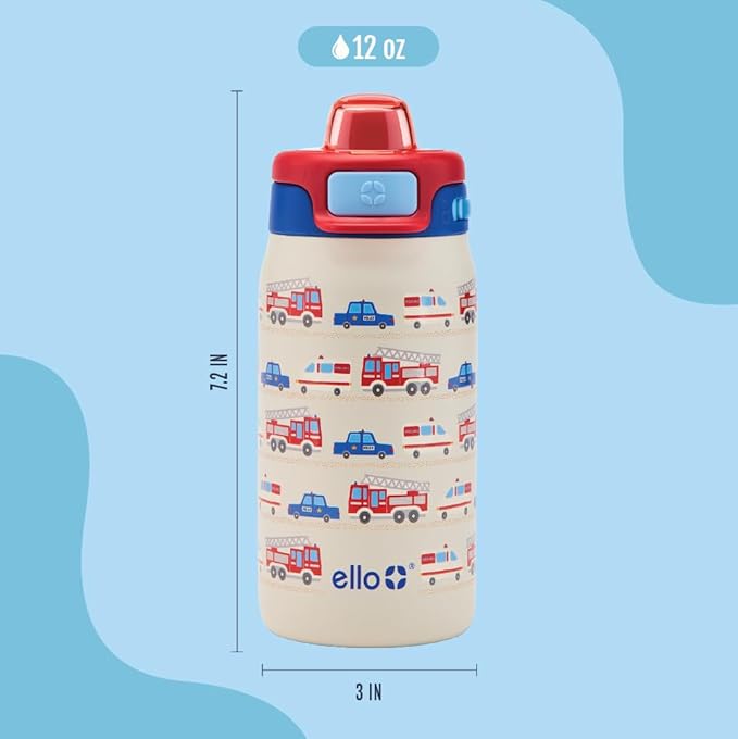 Ello Kids Pop & Fill 12oz Toddler Water Bottle with Quick Fill Lid, Double-Wall Vacuum Insulated Stainless Steel, Leak Proof, BPA Free, Sip & Chug, For School, Lunchboxes, To the Rescue