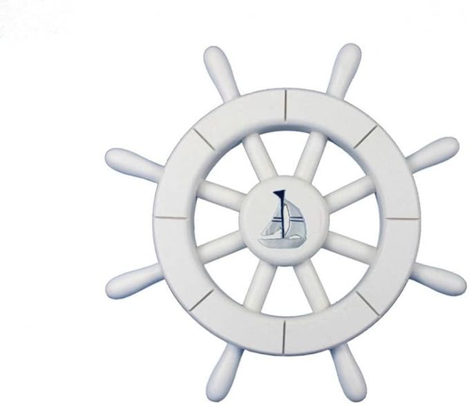 Hampton Nautical Decorative Ship Wheel with Sailboat, 12", White