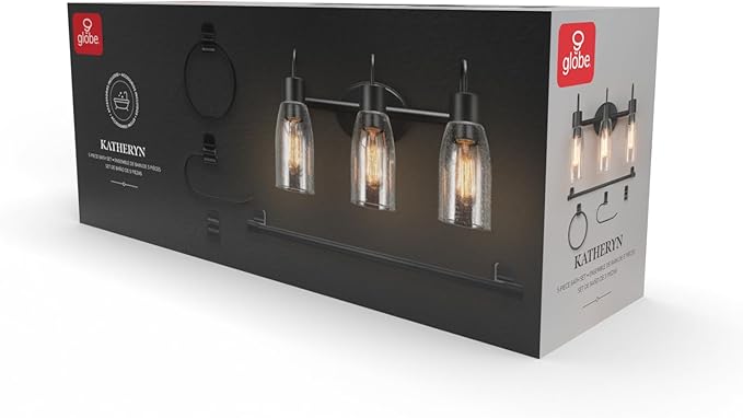 Globe Electric 63000205 5-Piece All-in-One Bathroom Accessory Set with 19" 3-Light Vanity Light, Matte Black, Seeded Glass Shades, Towel Bar, Robe Hook, Toilet Paper Holder, Towel Ring, Powder Room