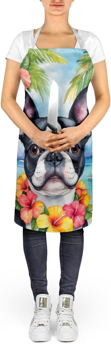 Caroline's Treasures Boston Terrier Luau Apron Cooking Kitchen Server Baking Crafts Gardening for Adult Women Men, Unisex, Large, Multicolor