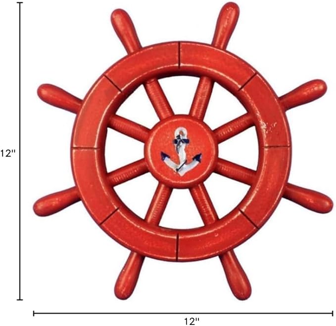 Hampton Nautical Decorative Ship Wheel with Anchor, 12", Rustic Red