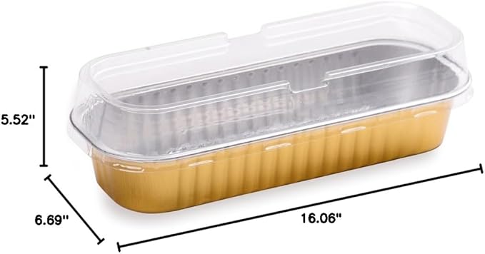 Restaurantware Aluminum Loaf Pan 100 Count 6.5 x 2.56 x 1.18 Inch Greaseproof Bread Pan with Lid, Oven-Safe Even Cooking Rectangular, Gold Design for Baking